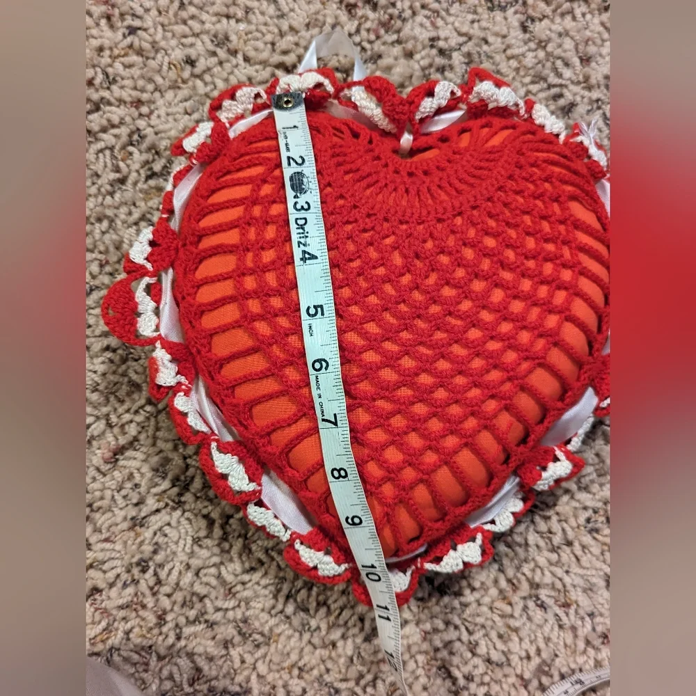 Vintage‎ 1” Heart Pillow Crocheted  Satin Ribbon Handmade Valentine Cottage Core